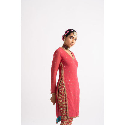 Vvani by Vani Vats Deep Coral V Neck Heavy Kurta & Pant (Set of 2)