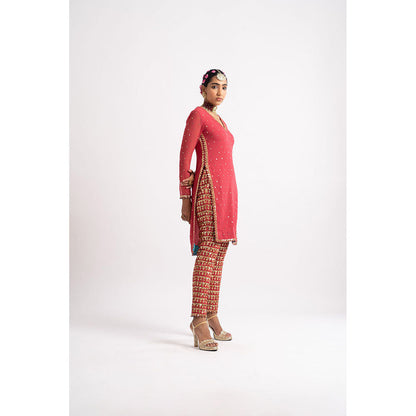 Vvani by Vani Vats Deep Coral V Neck Heavy Kurta & Pant (Set of 2)