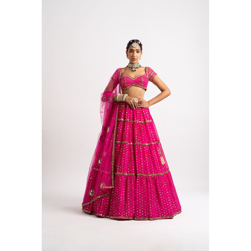 Vvani by Vani Vats Fuchsia Tier Blouse with Lehenga & Dupatta (Set of 3)