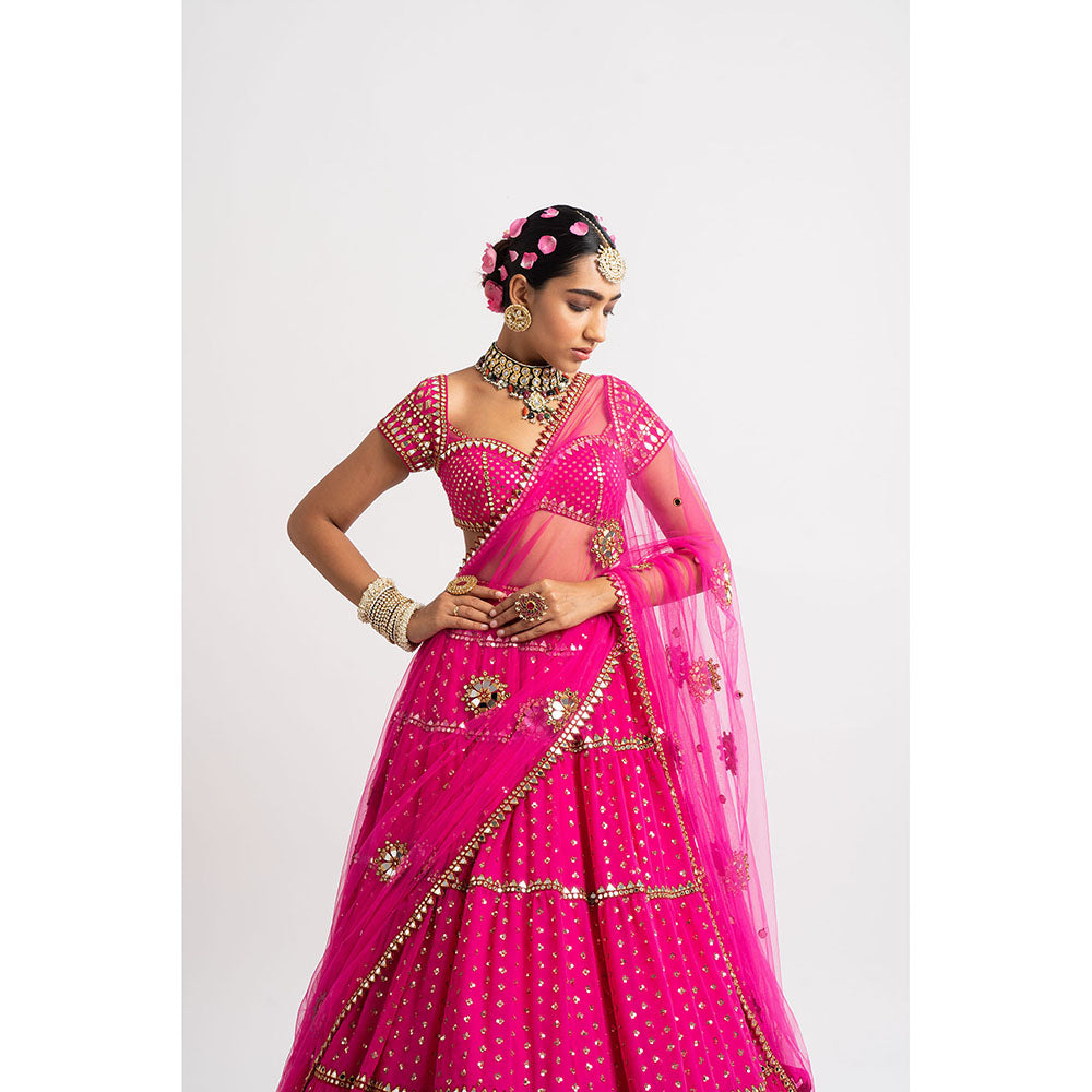 Vvani by Vani Vats Fuchsia Tier Blouse with Lehenga & Dupatta (Set of 3)