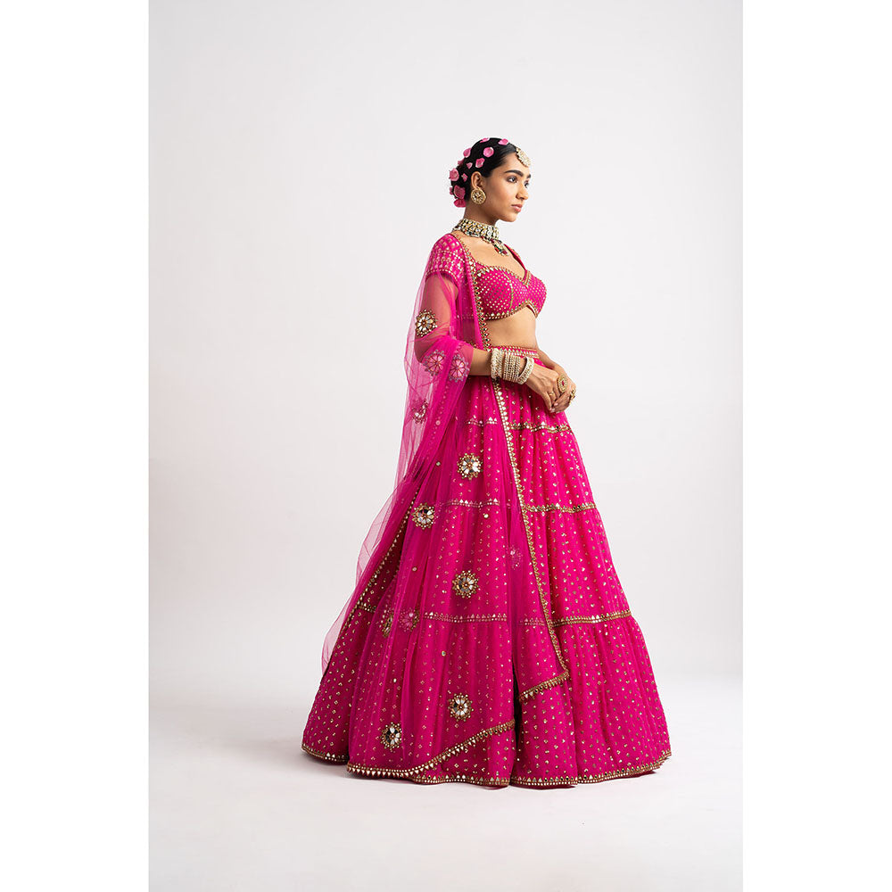 Vvani by Vani Vats Fuchsia Tier Blouse with Lehenga & Dupatta (Set of 3)