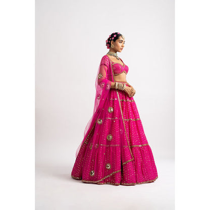 Vvani by Vani Vats Fuchsia Tier Blouse with Lehenga & Dupatta (Set of 3)