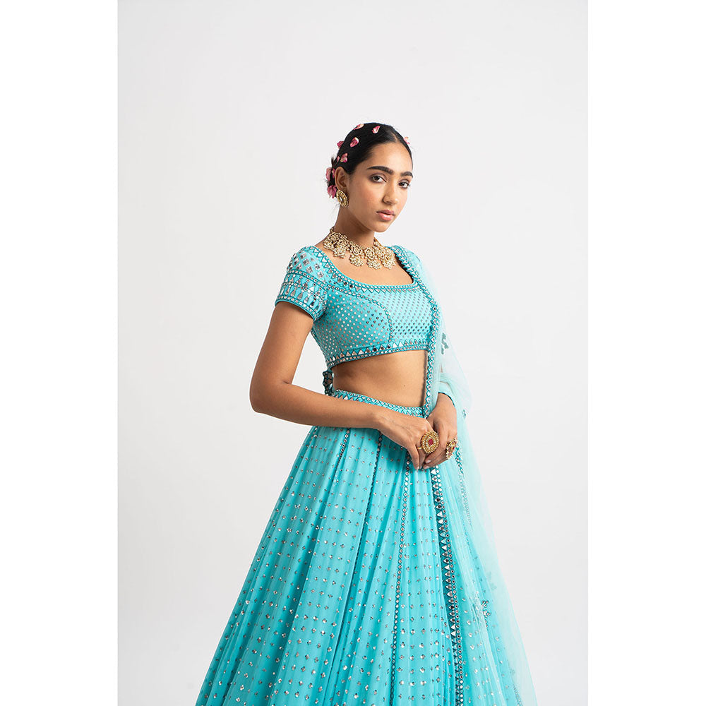 Vvani by Vani Vats Mint Blue Single Tier Blouse with Lehenga & Dupatta (Set of 3)