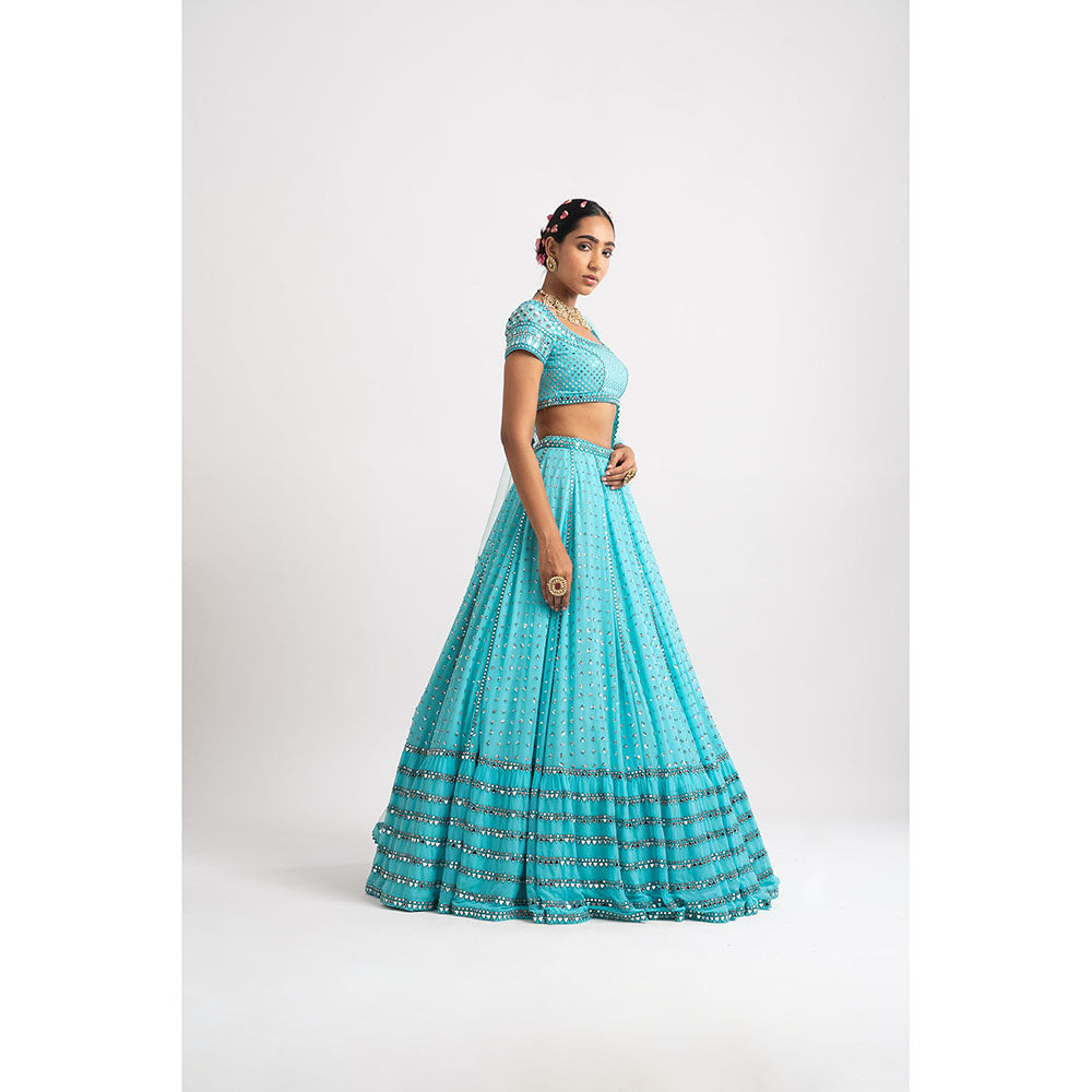 Vvani by Vani Vats Mint Blue Single Tier Blouse with Lehenga & Dupatta (Set of 3)