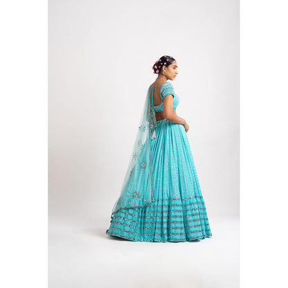 Vvani by Vani Vats Mint Blue Single Tier Blouse with Lehenga & Dupatta (Set of 3)