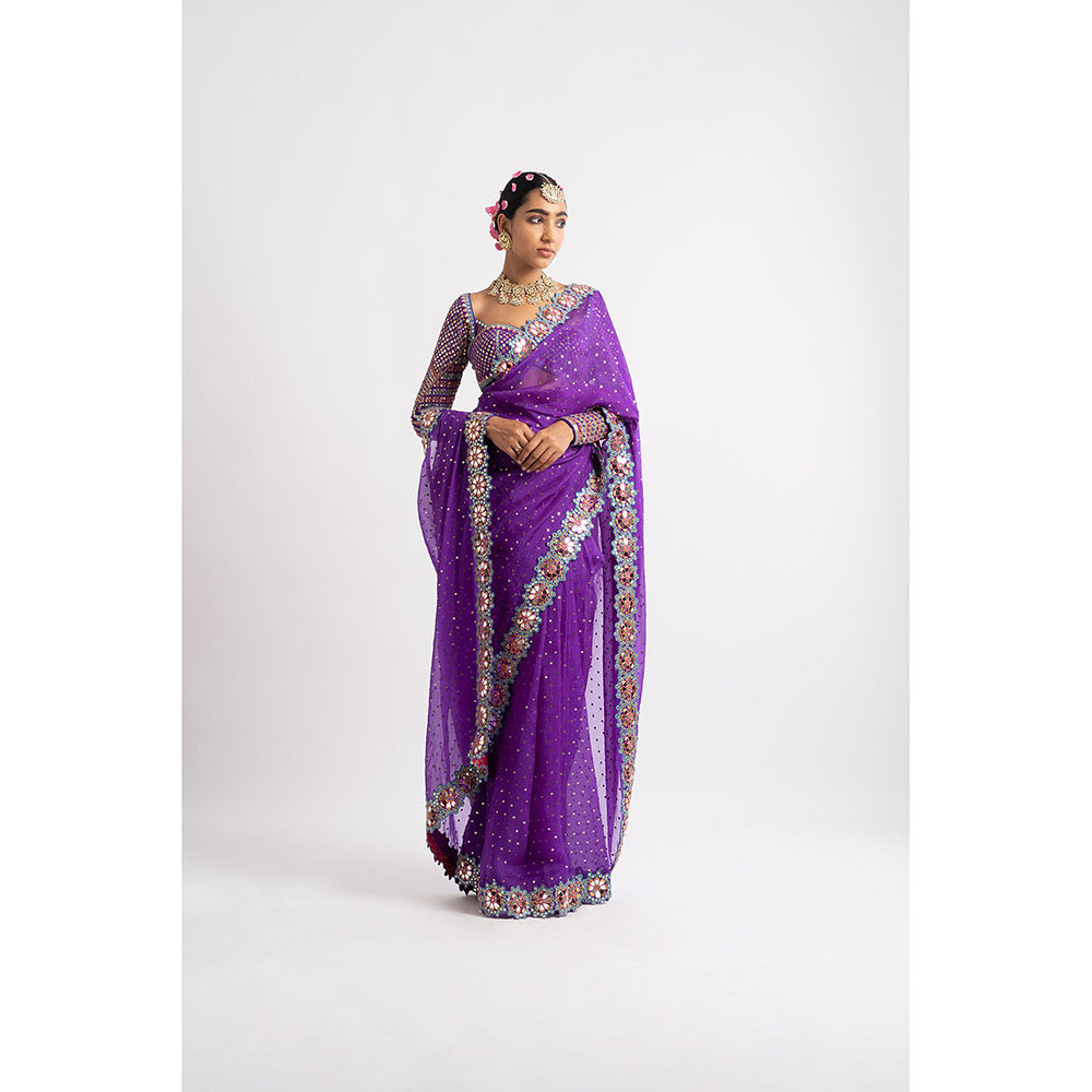 Vvani by Vani Vats Purple Hand Cut Mirror Border Saree & Stitched Blouse