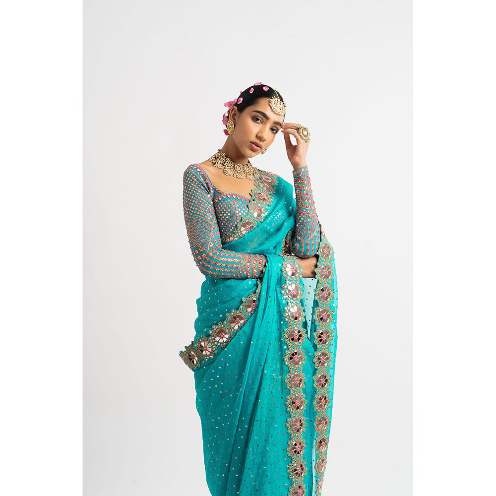 Vvani by Vani Vats Peacock Green Hand Cut Mirror Border Saree & Stitched Blouse