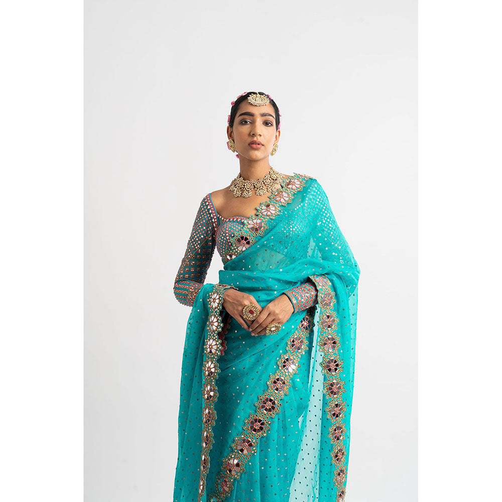 Vvani by Vani Vats Peacock Green Hand Cut Mirror Border Saree & Stitched Blouse