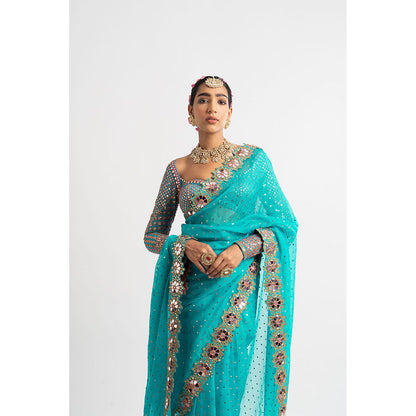 Vvani by Vani Vats Peacock Green Hand Cut Mirror Border Saree & Stitched Blouse