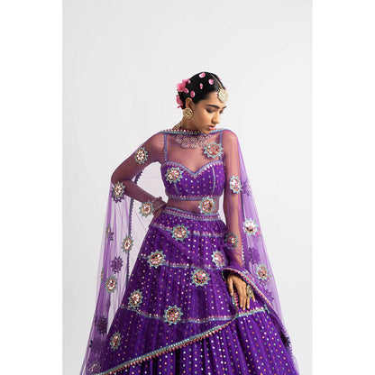 Vvani by Vani Vats Purple Noodle Strap Multi Tier Blouse with Lehenga & Dupatta (Set of 3)