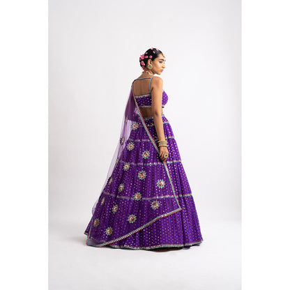 Vvani by Vani Vats Purple Noodle Strap Multi Tier Blouse with Lehenga & Dupatta (Set of 3)