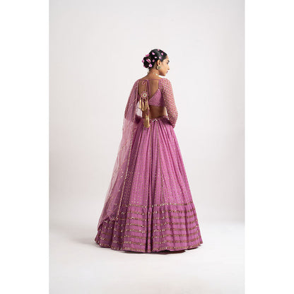 Vvani by Vani Vats Dark Blush Single Tier Blouse with Lehenga & Dupatta (Set of 3)