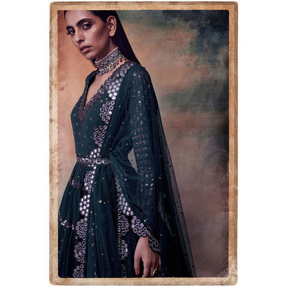 Vvani by Vani Vats Dark Teal Green Tier Anarkali Kurta with Dupatta & Belt (Set of 3)