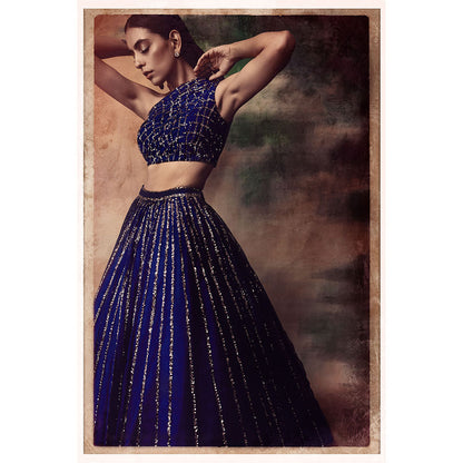 Vvani by Vani Vats Midnight Blue One Shoulder Crop Top & Skirt (Set of 2)