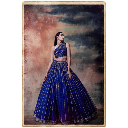 Vvani by Vani Vats Midnight Blue One Shoulder Crop Top & Skirt (Set of 2)