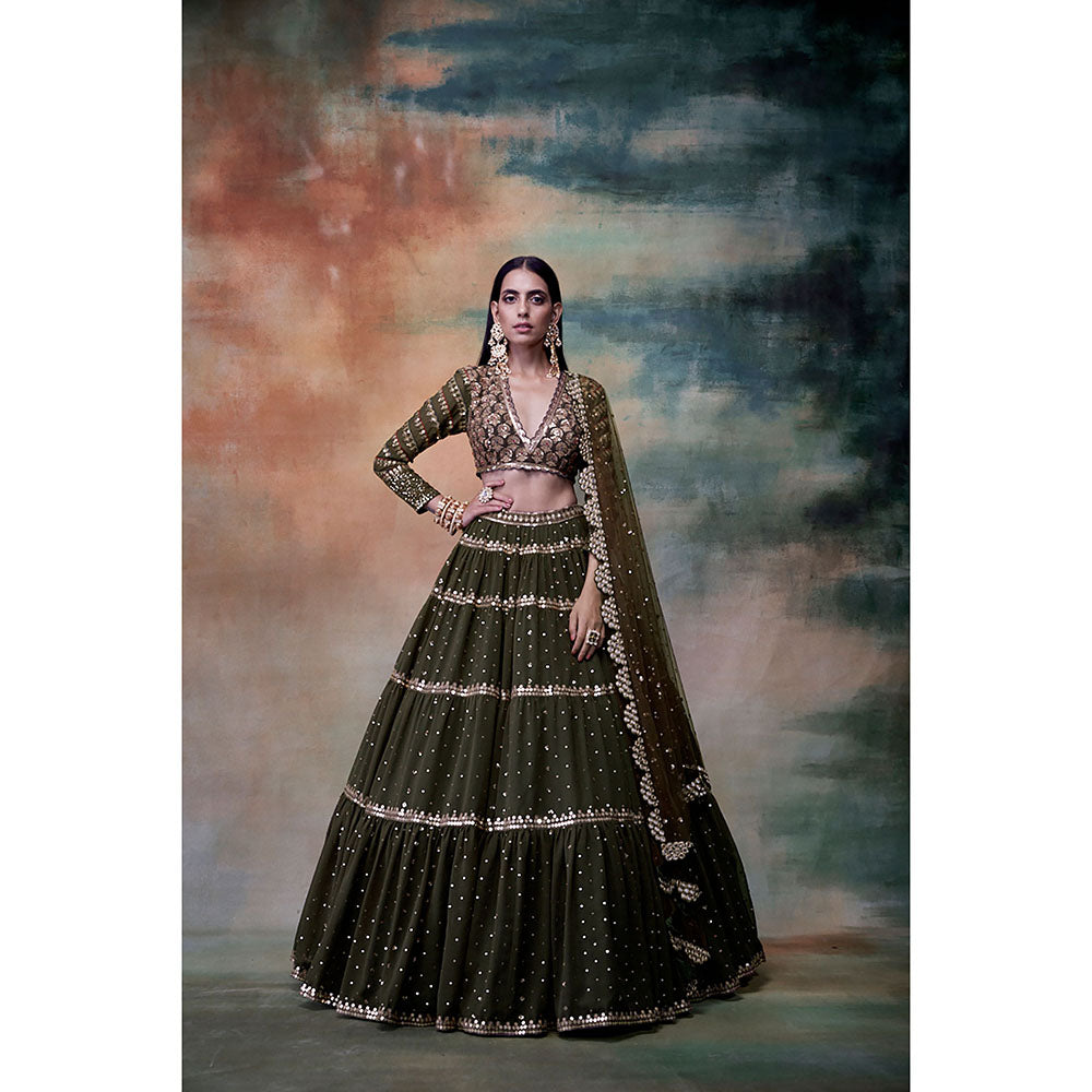 Vvani by Vani Vats Olive Green Tier Blouse with Lehenga & Dupatta (Set of 3)