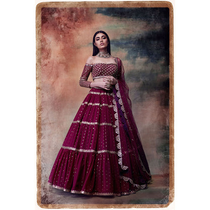 Vvani by Vani Vats Maroon Off Shoulder Tier Blouse with Lehenga & Dupatta (Set of 3)
