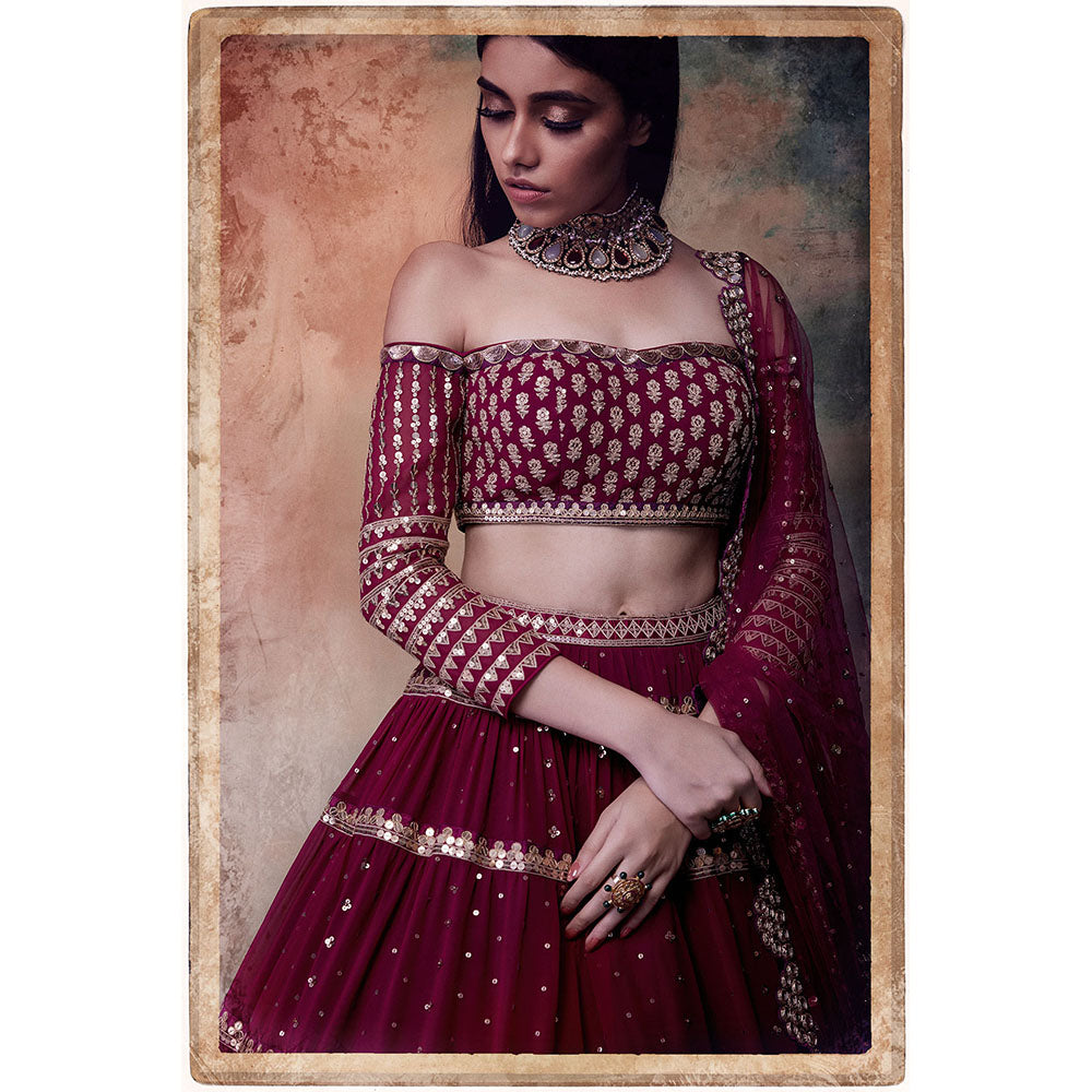 Vvani by Vani Vats Maroon Off Shoulder Tier Blouse with Lehenga & Dupatta (Set of 3)