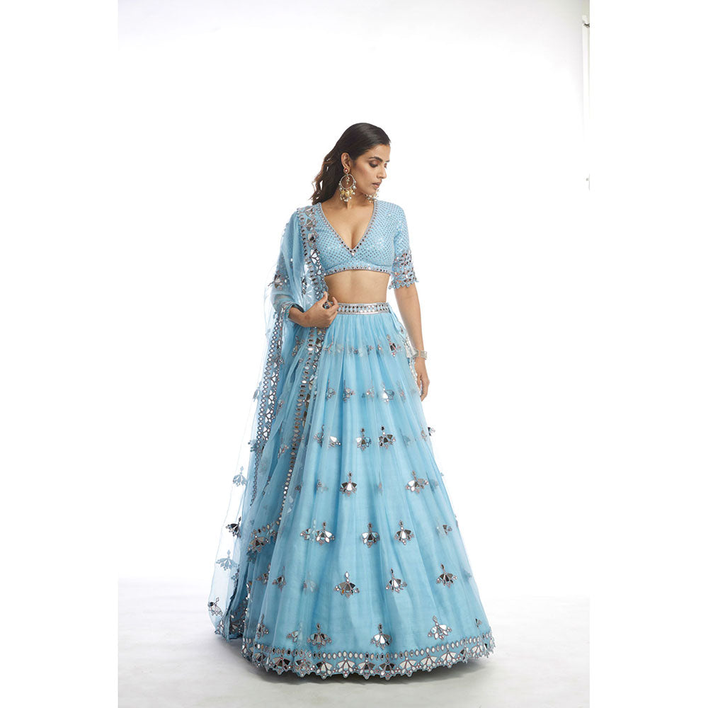 Vvani by Vani Vats Ice Blue Knife Pleated Mirror Lehenga with Blouse & Dupatta (Set of 3)