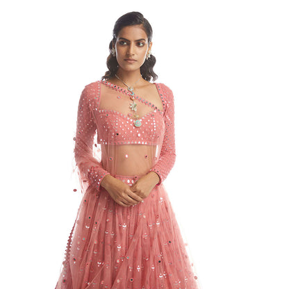 Vvani by Vani Vats Dull Coral Mirror Gradation Lehenga with Blouse & Dupatta (Set of 3)