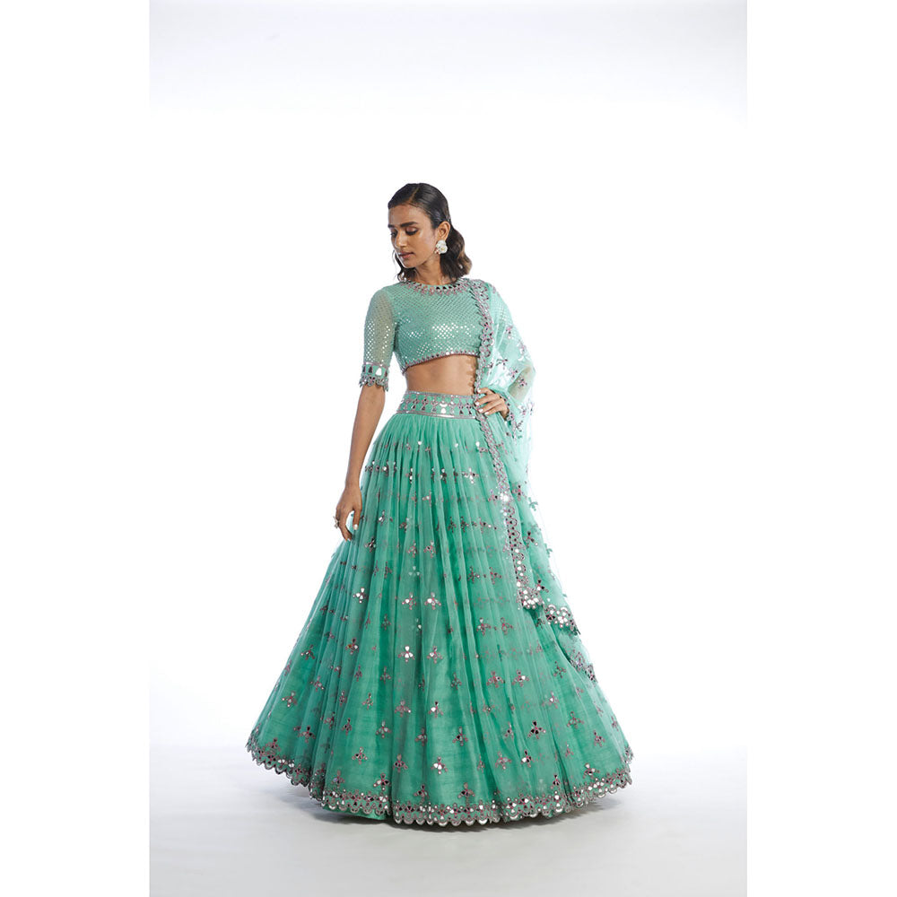 Vvani by Vani Vats Dull Mint Kinfe Pleated Blouse with Lehenga & Dupatta (Set of 3)