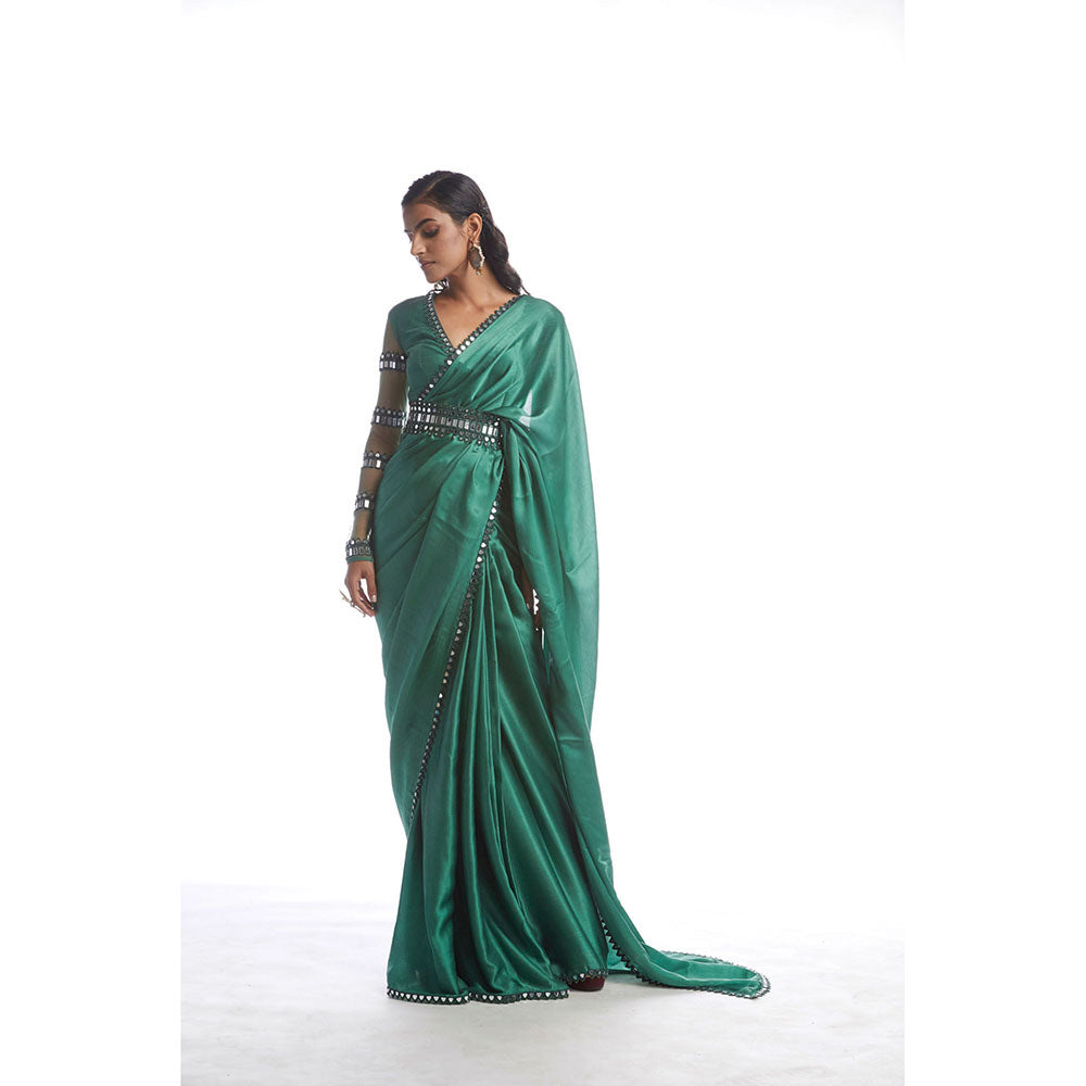 Vvani by Vani Vats Sage Green Satin Chiffon Saree with Stitched Blouse and Belt