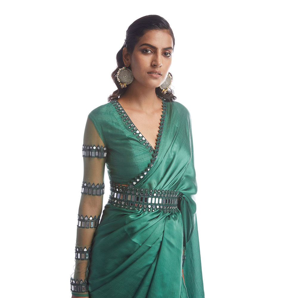 Vvani by Vani Vats Sage Green Satin Chiffon Saree with Stitched Blouse and Belt