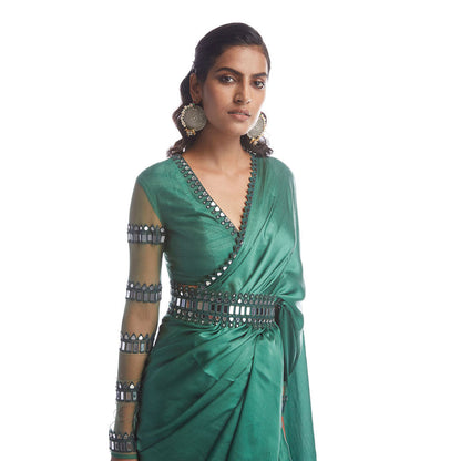 Vvani by Vani Vats Sage Green Satin Chiffon Saree with Stitched Blouse and Belt
