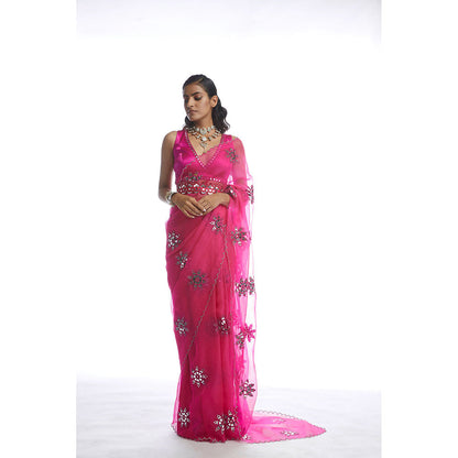 Vvani by Vani Vats Peacock Pink Mirror Cutwork Saree with Stitched Blouse and Belt