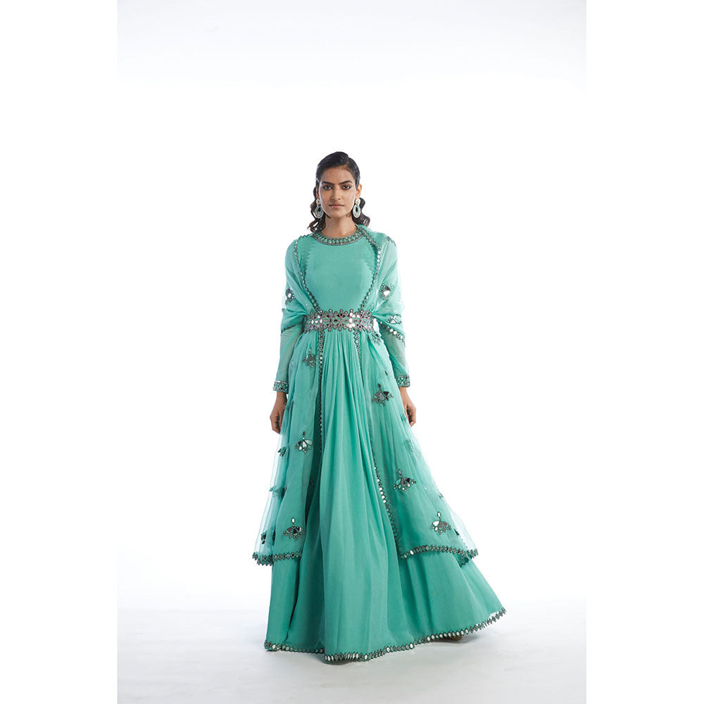 Vvani by Vani Vats Dull Mint Chiffon Anarkali Kurta & Dupatta (Set of 2)