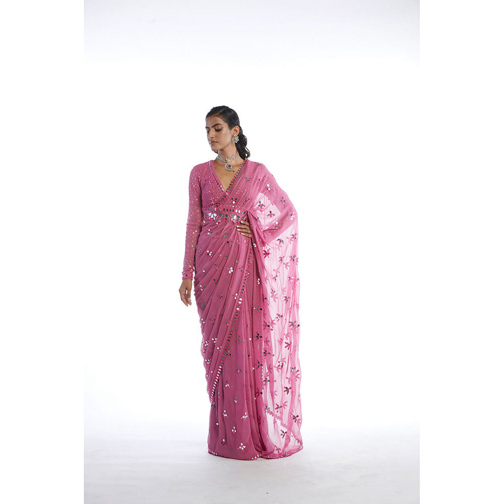 Vvani by Vani Vats Dark Blush Mirror Cut Work Saree with Stitched Blouse and Belt