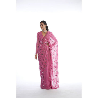 Vvani by Vani Vats Dark Blush Mirror Cut Work Saree with Stitched Blouse and Belt