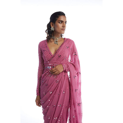 Vvani by Vani Vats Dark Blush Mirror Cut Work Saree with Stitched Blouse and Belt
