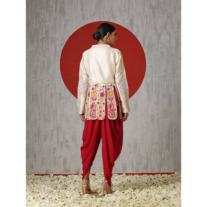 WAZIR C Off White Flared Silk Tunic with Red Tulip Pants. (Set of 2)