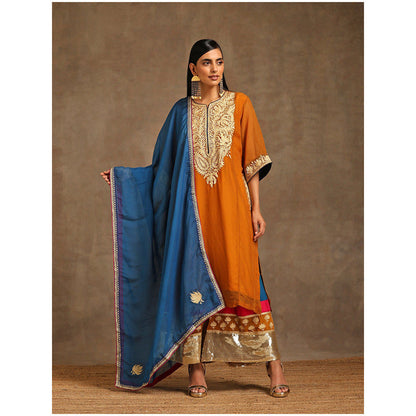 WAZIR C Mustard And Blue Kurta with Pant & Dupatta (Set of 3)