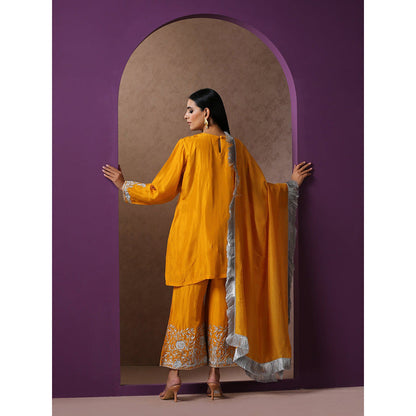 WAZIR C Mustard Kurta with Bell Bottom Pant & Dupatta (Set of 3)