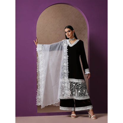 WAZIR C Brown And White Kurta with Flared Pant & Dupatta (Set of 3)