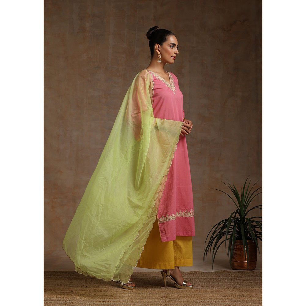 WAZIR C Pink Olive And Yellow Kurta Pant & Dupatta (Set of 3)