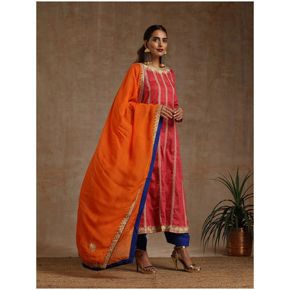 WAZIR C Pink Blue And Orange Kurta Pant with Dupatta (Set of 3)