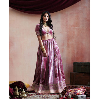 WeaverStory Hand Embroidered Grape Lehenga with Blouse & Organza Dupatta (Set of 3)