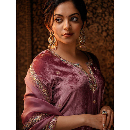WeaverStory Hand Embroidered Plum Kurta with Beige Farshi & Organza Dupatta (Set of 3)