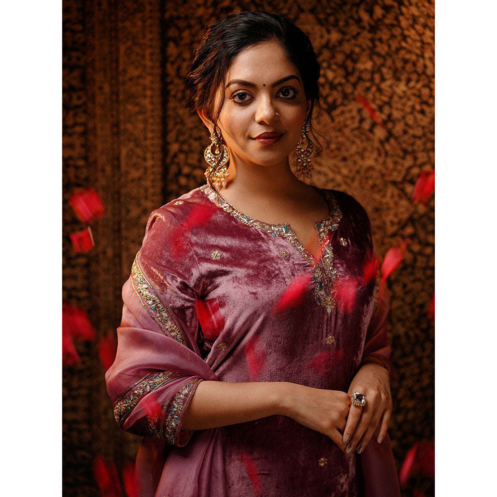 WeaverStory Hand Embroidered Plum Kurta with Beige Farshi & Organza Dupatta (Set of 3)