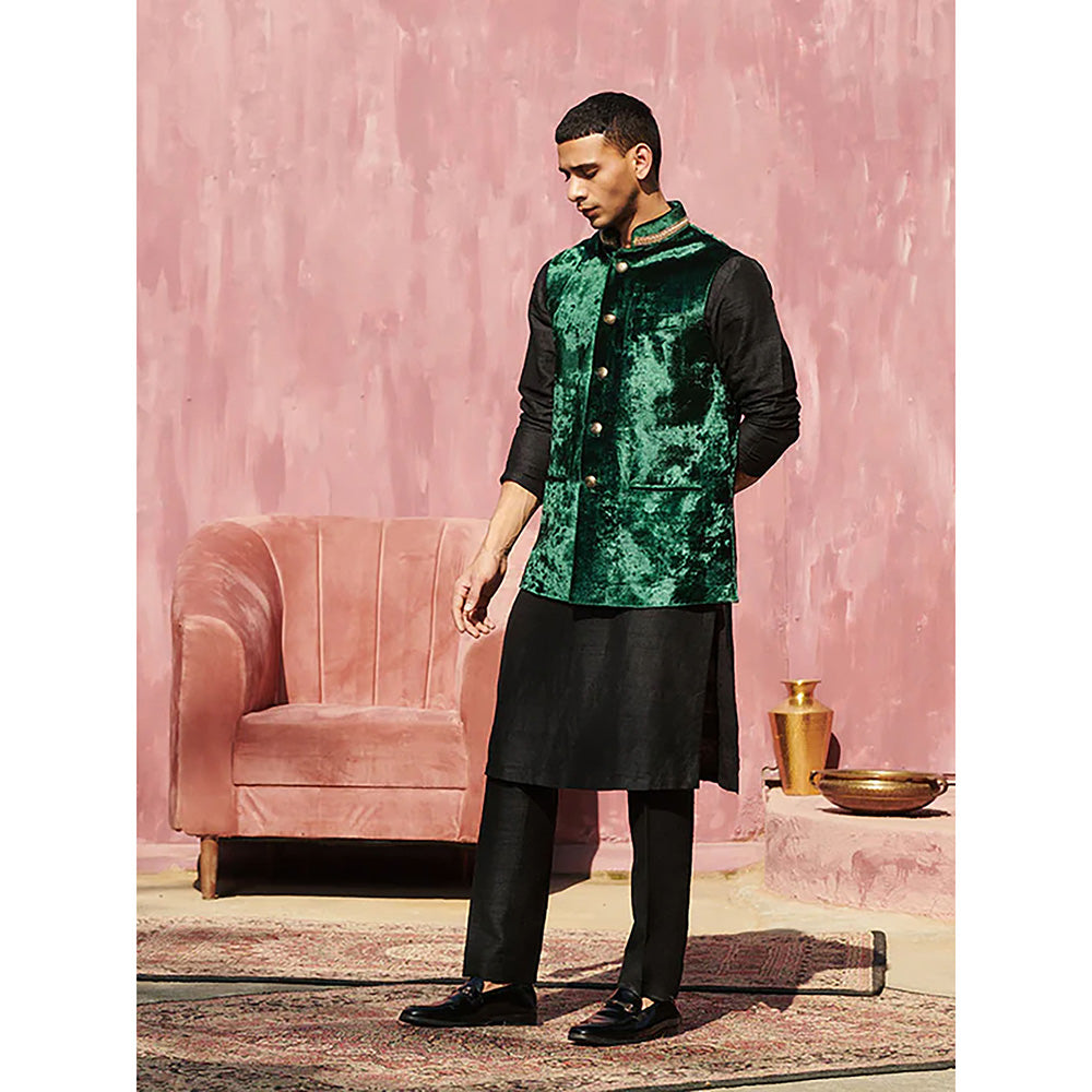 WeaverStory Dark Green Velvet Handcrafted Nehru Jacket