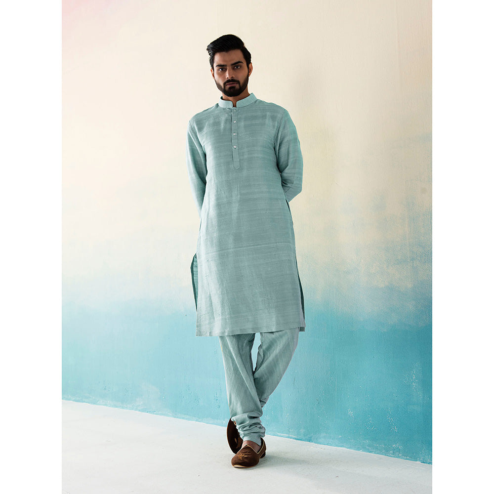 WeaverStory Classic Raw Silk Ice Blue Kurta with Pant (Set of 2)
