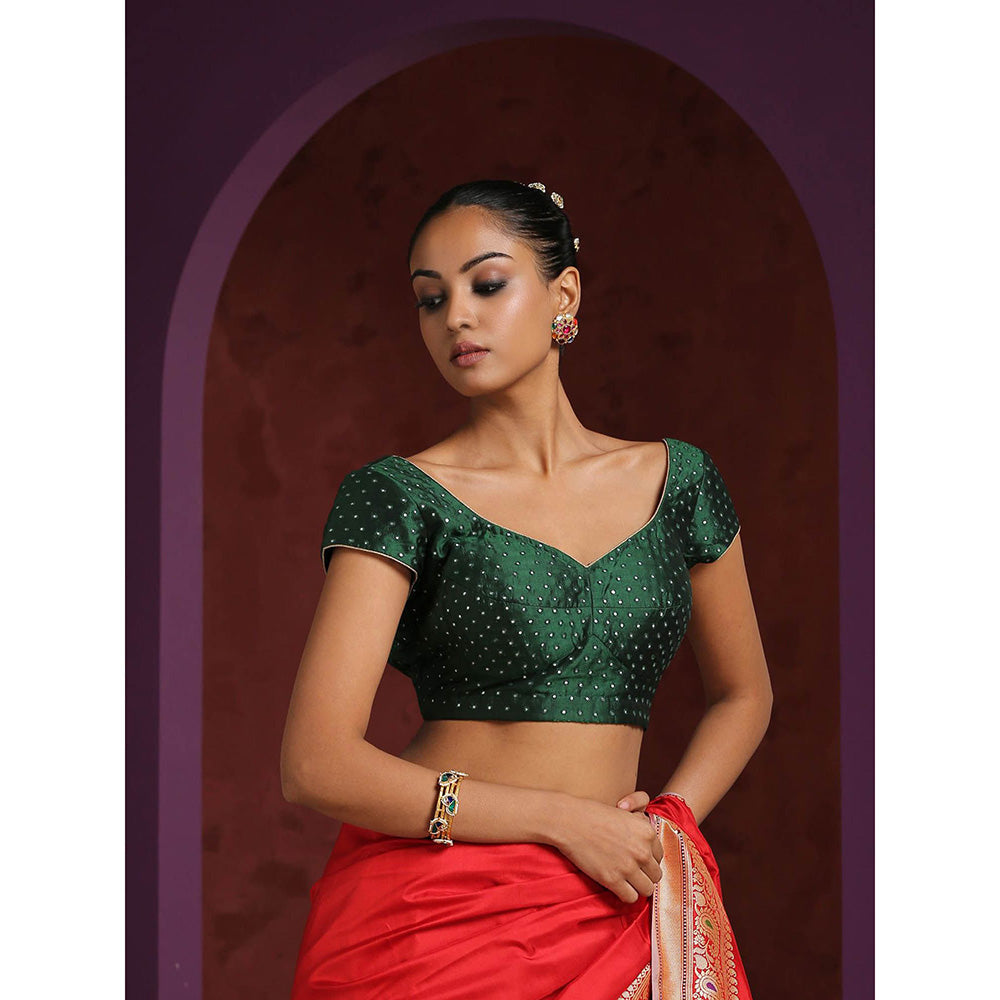 WeaverStory Green Pure Silk Blouse with Pitta Embroidery