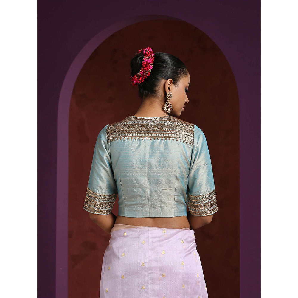 WeaverStory Light Aqua Raw Silk Blouse Hand Embroidered Zardozi Blouse