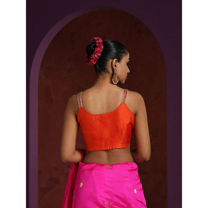 WeaverStory Orange Pure Silk Blouse with Zardozi Hand Embroidered