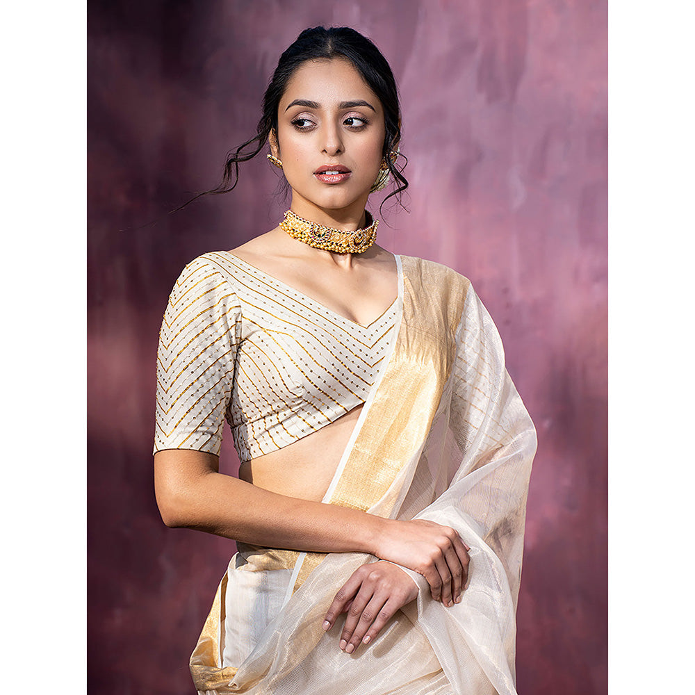 WeaverStory Handloom Off White Chanderi Silk Hand Embroidered Gota Patti Blouse with V-Neck