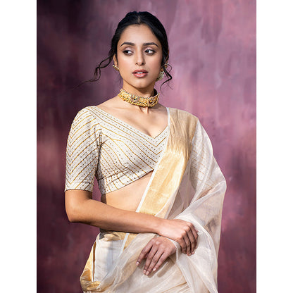 WeaverStory Handloom Off White Chanderi Silk Hand Embroidered Gota Patti Blouse with V-Neck