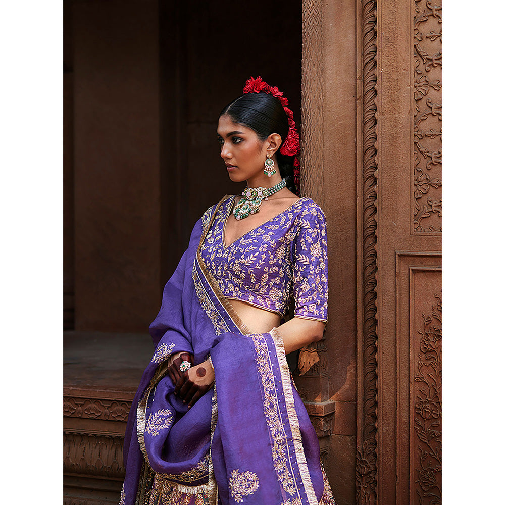 WeaverStory Blue Dual Shade Hand Zardozi Lehenga with Choli and Organza Dupatta (Set of 3)